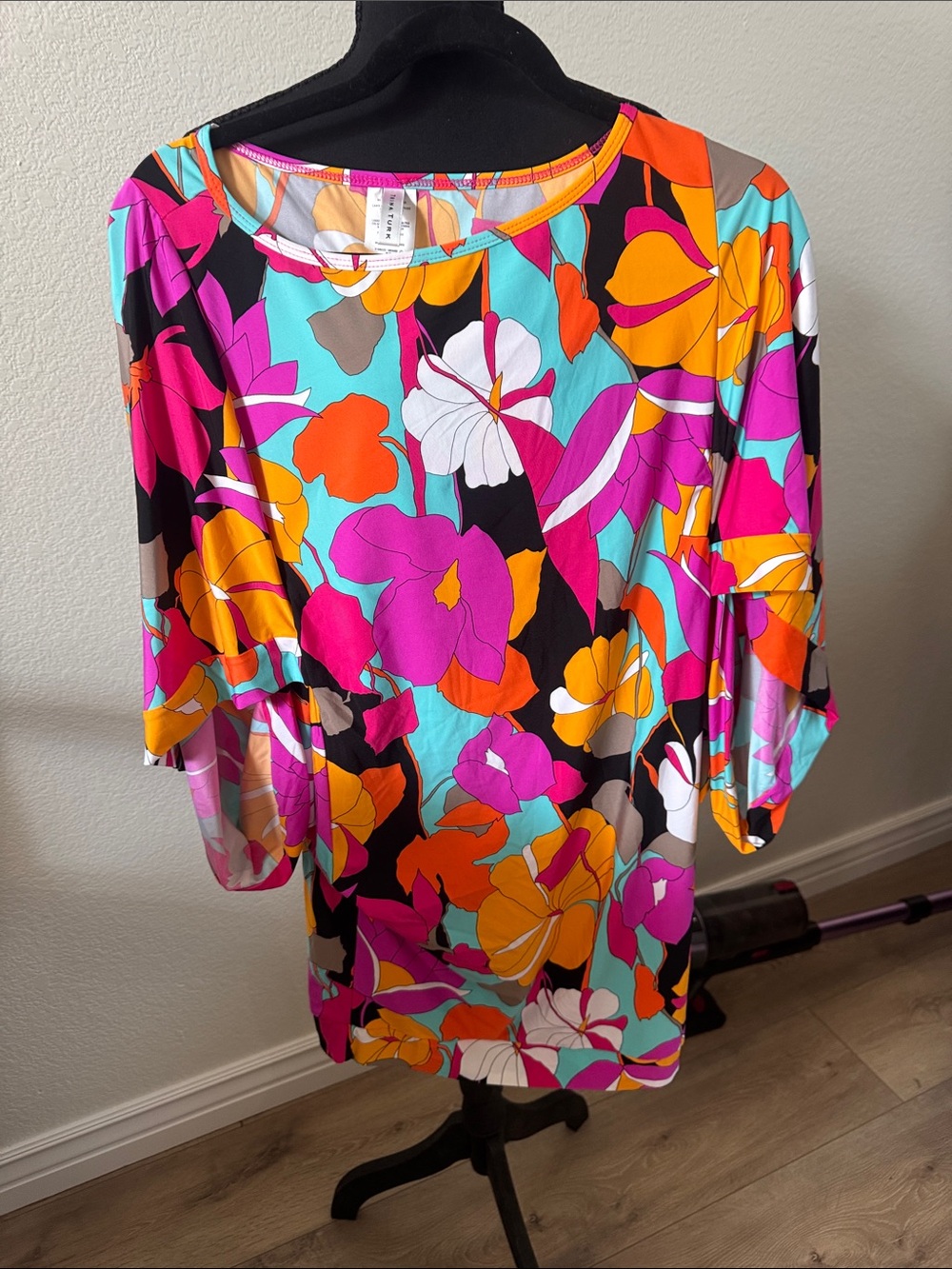 Trina Turk Bright Floral Swim Cover-Up Tunic in Pink, Orange, Aqua & Black
